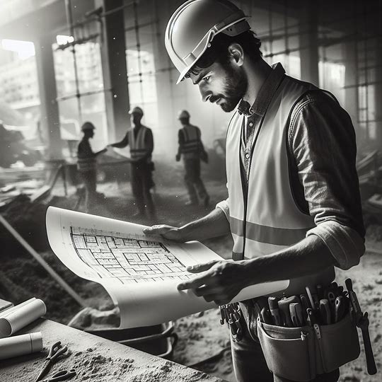 Un constructor profesional equipado con casco de seguridad y herramientas revisa meticulosamente los planos de construcción en un activo sitio de reforma, demostrando la importancia de la experiencia y atención al detalle en la selección de un constructor para proyectos de reforma.