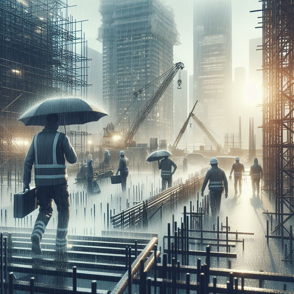 Obras de construcción bajo la lluvia, con protecciones adecuadas para los materiales y los trabajadores.